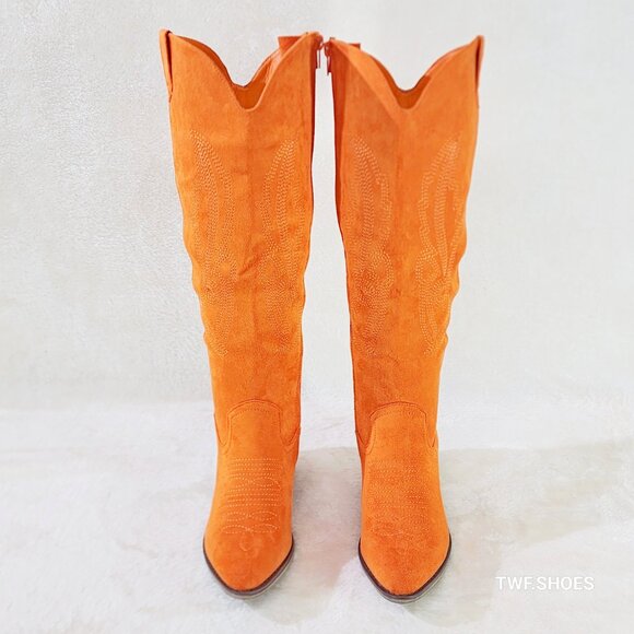 Wild Ones Orange Faux Suede Country Western Cowgirl Knee Boots - Picture 8 of 15